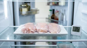 Fresh chicken breast fillets covered on a plate on a refrigerator shelf beside a thermometer
