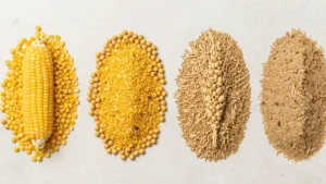 Flat lay of corn, soybeans, wheat and barley, the grains used in a vegetable and grain chicken diet